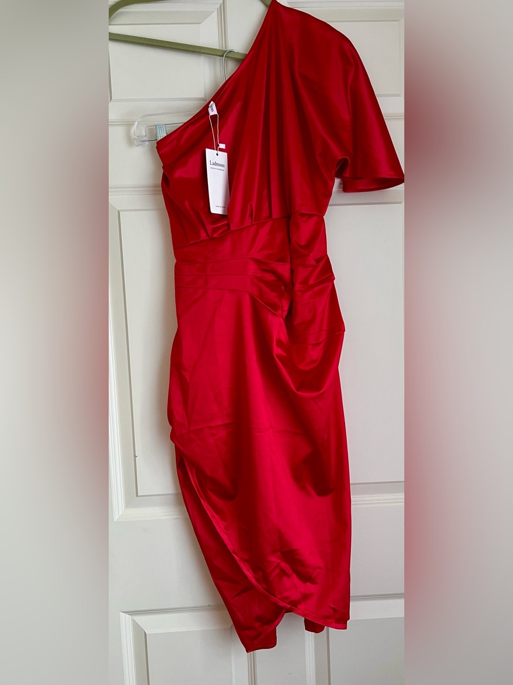 Ladimous Red Satin Sheath One Soulder Bodycon Dress L